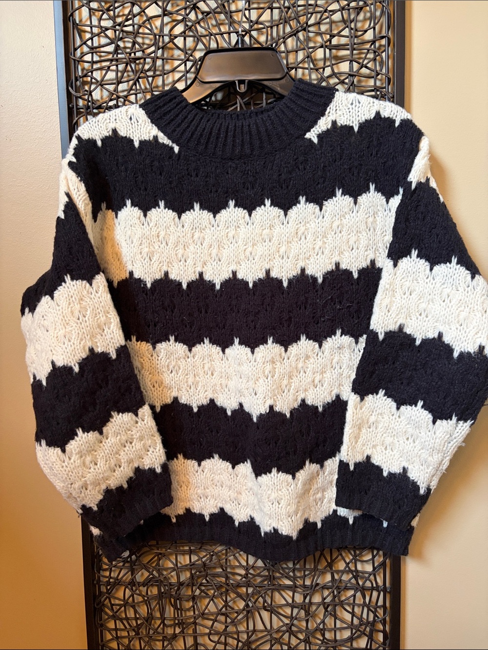 Line & Dot Black and Cream Striped Crewneck Sweater